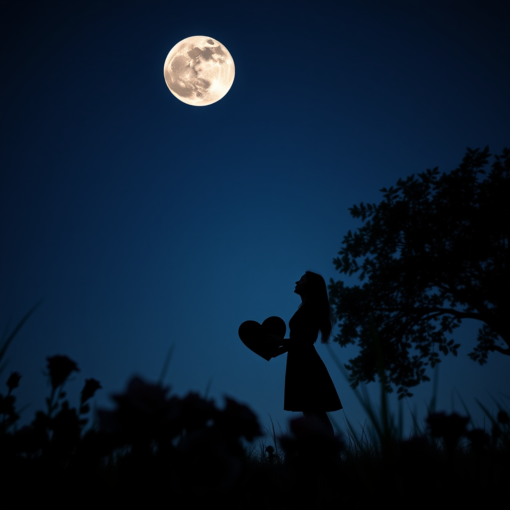 silhouette of a couple holding a heart under a large moon, surrounded by roses in grass, tree silhouette in the background, shot with a DSLR camera, 50mm lens, f/1.8 aperture, ISO 200, long exposure for enhanced night sky details, low angle view for dramatic effect