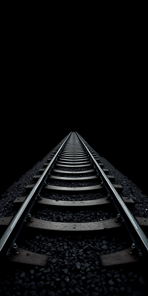 Capture a striking image of railroad tracks extending into the distance, set against a stark black background, using a DSLR camera with a 50mm lens, aperture set to f/8 for depth of field, ISO 100 for clarity, shot from a low angle to emphasize perspective, and a long exposure of 1/30 second to capture movement.
