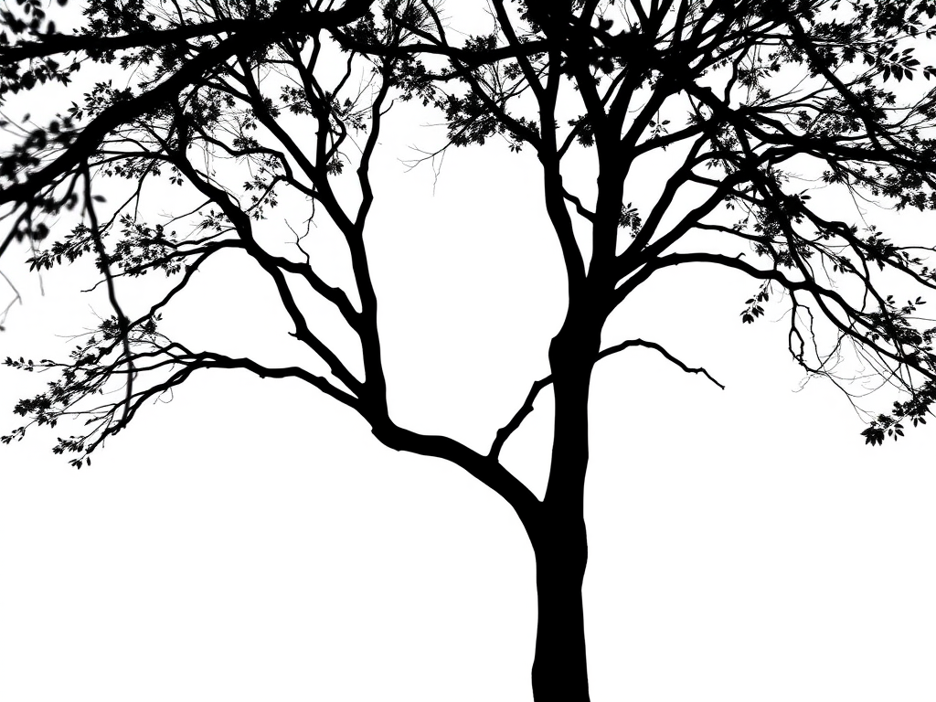 Generate an image of a minimalist black silhouette of a tree against a white background, captured with a Canon EOS R5, 50mm lens, f/1.8 aperture, ISO 100, natural light, taken from a low angle perspective for a dramatic effect.