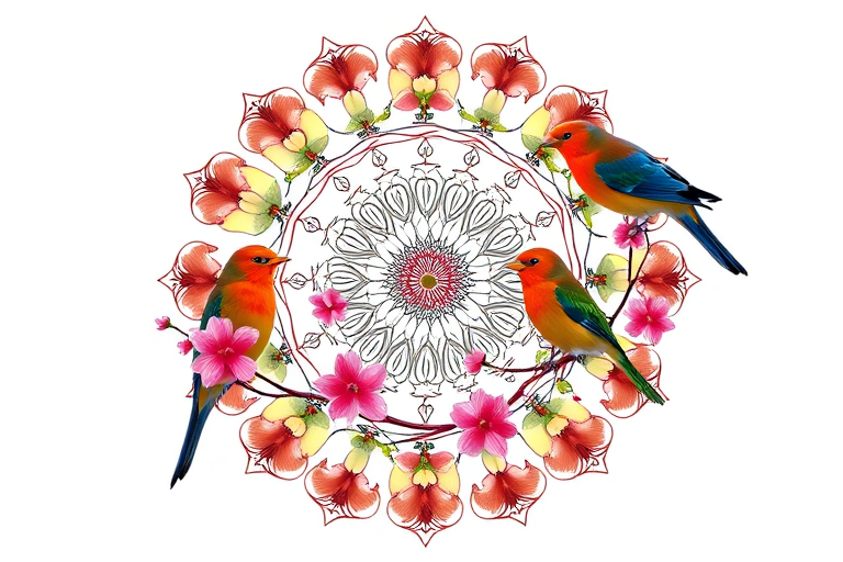Generate a detailed mandala design featuring colorful birds perched on intricately designed branches with flowers, using a Nikon D850 camera, 50mm lens, f/8 aperture, ISO 200, and a circular perspective view for enhanced clarity and quality.