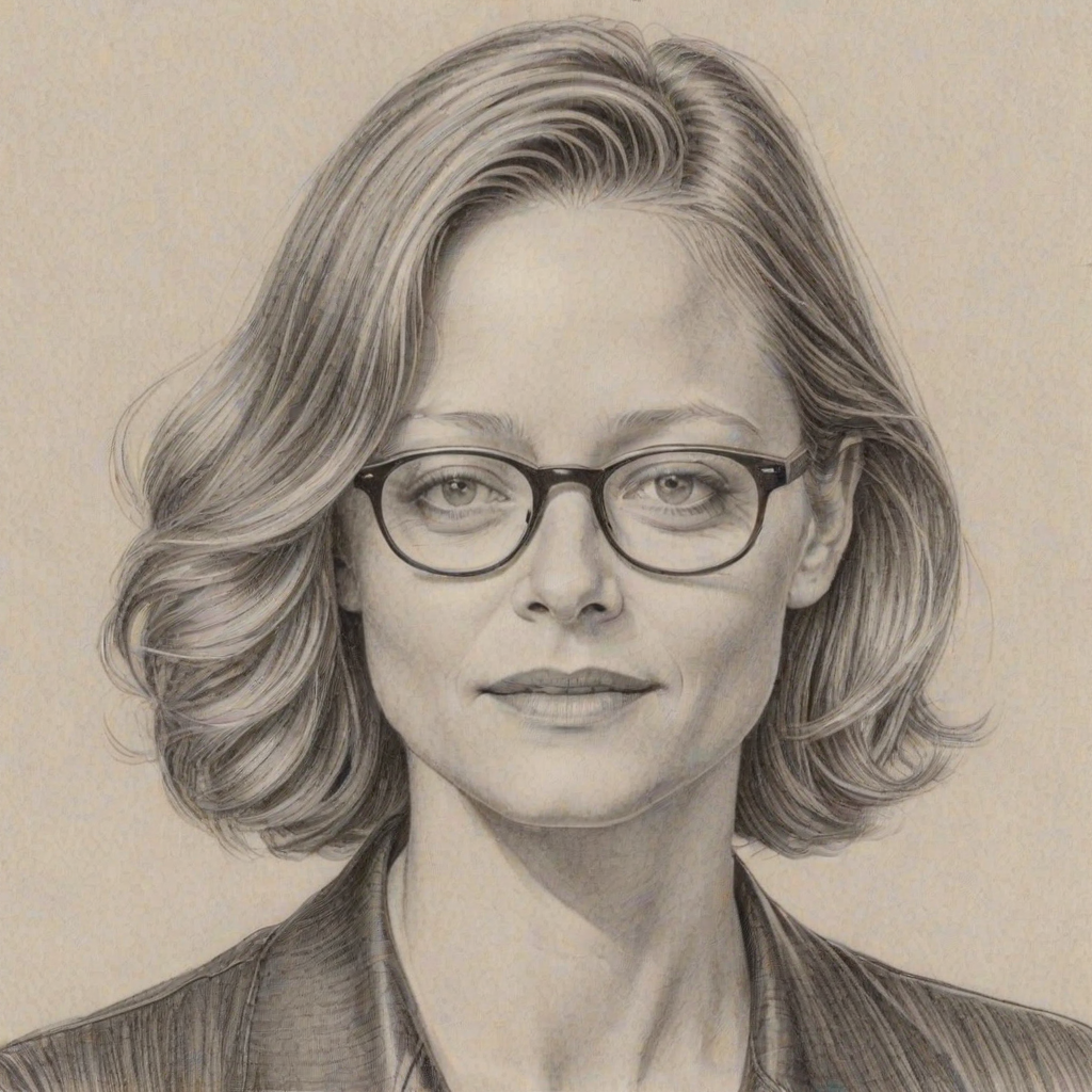Magnificent Jodie Foster, pencil sketch, portrait of Delightful woman 1937s in glasses, hair style beatnik, outline, clear lines, fine lines, 8k