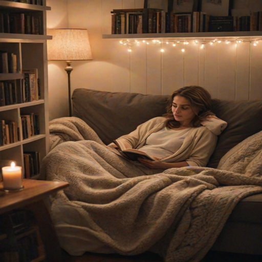 Cozy reading nook in a home, with a woman curled up with a blanket and a novel, soft light illuminating her cozy space filled with books.