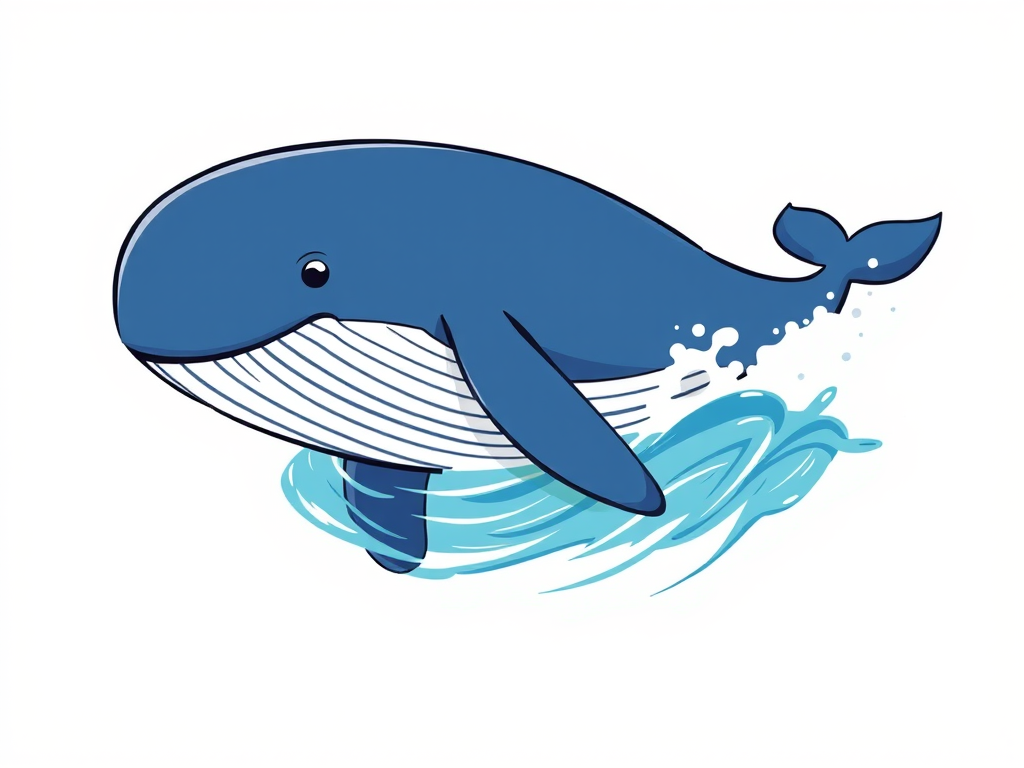 Create a high-resolution illustration of a stylized whale, featuring smooth curves and a playful splash of water, captured with a Canon EOS 5D Mark IV at f/8, ISO 100, 1/200s, from a slightly elevated angle to enhance depth and detail, using a clean and vibrant color palette.