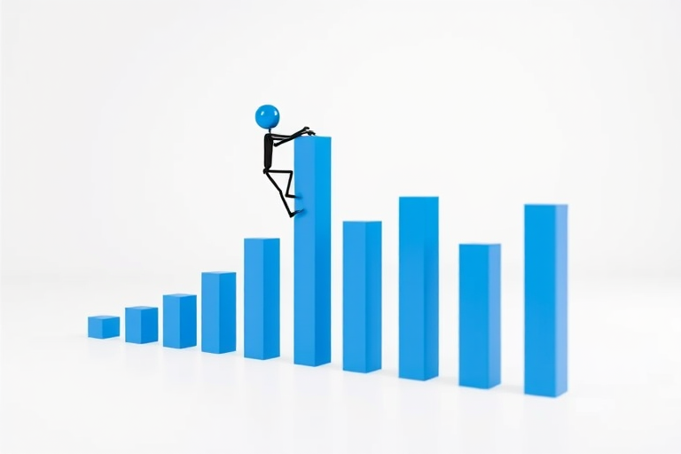 Generate an image of two 3D stick figures climbing a series of blue bar graphs, with one figure reaching out to help the other, shot with a Canon EOS R5 at f/8, ISO 100, 50mm lens, in a clean white studio setting, with soft lighting to enhance details and shadows.