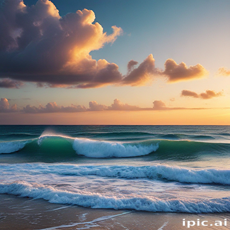 Serene Sunset Over Gentle Waves with Dramatic Clouds and Tranquil Ocean