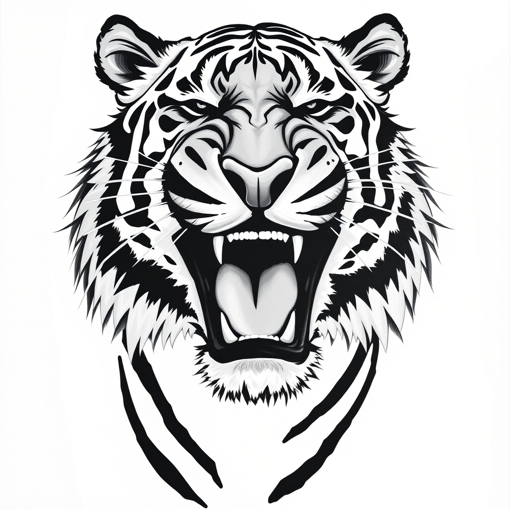 Abstract black and white acrylic portrait of an over exaggerated laughing (tiger). Minimalism style. White background.