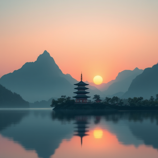Create a serene landscape with mountains and a pagoda at sunset, using a wide-angle lens, f/8 aperture, ISO 100, 24mm focal length, soft pastel colors in the sky reflecting on water, smooth gradients, minimalistic style, digital illustration.