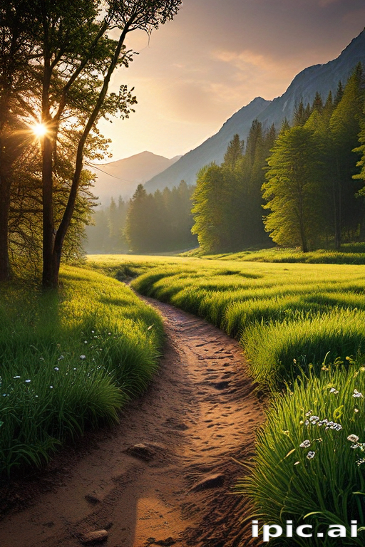 Serene Sunrise Over a Tranquil Meadow with Winding Path and Mountains