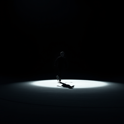 Create a high-contrast silhouette of a person ice skating on a dark background, using a DSLR camera with a 50mm lens, aperture set to f/2.8, ISO 100, and a shutter speed of 1/500s, ensuring sharpness and clarity in the motion.