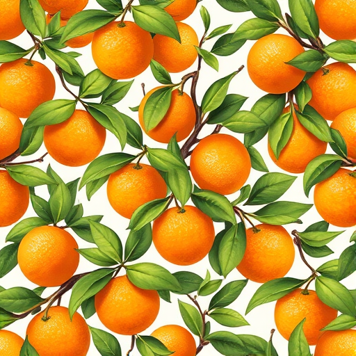 Create a seamless pattern of orange fruit on branches with green leaves, using a Canon EOS R5, 50mm lens, f/8 aperture, ISO 100, natural lighting, top-down view, high-resolution illustration style.