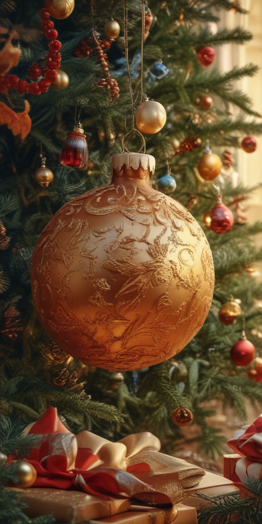Elegant Golden Christmas Ornament Hanging on a Beautifully Decorated Tree