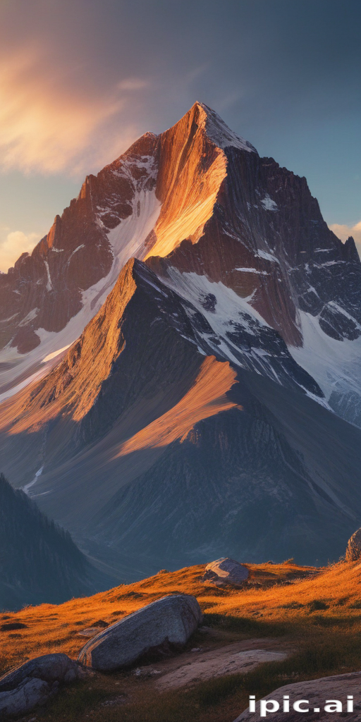 Majestic Mountain Peaks Bathed in Golden Sunset Light and Shadows.