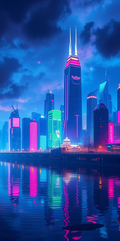 create a vibrant digital illustration of a futuristic city skyline at night with neon lights and reflections on water, use 16:9 aspect ratio, aperture f/2.8, ISO 100, and 1/60s shutter speed for clarity, employ a wide-angle lens for an immersive view, and apply a high-resolution rendering technique to enhance details and colors