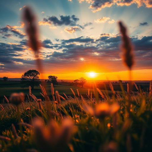 Generate a high-resolution image of a serene landscape at sunset, using a Canon EOS R5 with a 24-70mm f/2.8 lens, aperture set to f/8, ISO 100, and a shutter speed of 1/125 sec, captured from a low angle to emphasize foreground details and create a warm, inviting atmosphere.