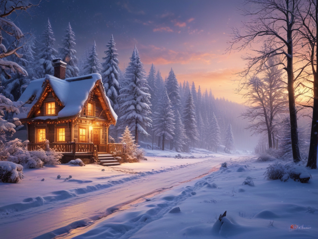 A Cozy Winter Evening Scene with a Charming Snow-Covered Cottage