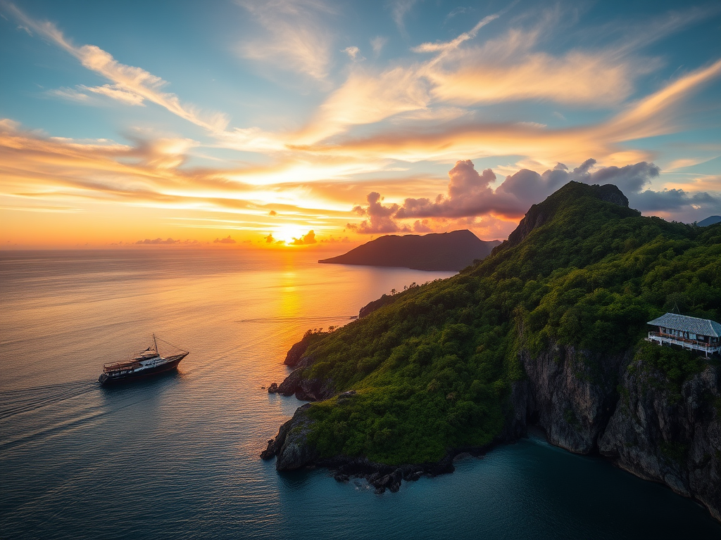 tropical island landscape at sunset with a ship anchored, lush greenery and rocky cliffs, vibrant colors, soft clouds in the sky, aerial view, DSLR camera, f/8 aperture, ISO 100, 24mm lens, 1/250s shutter speed, high dynamic range