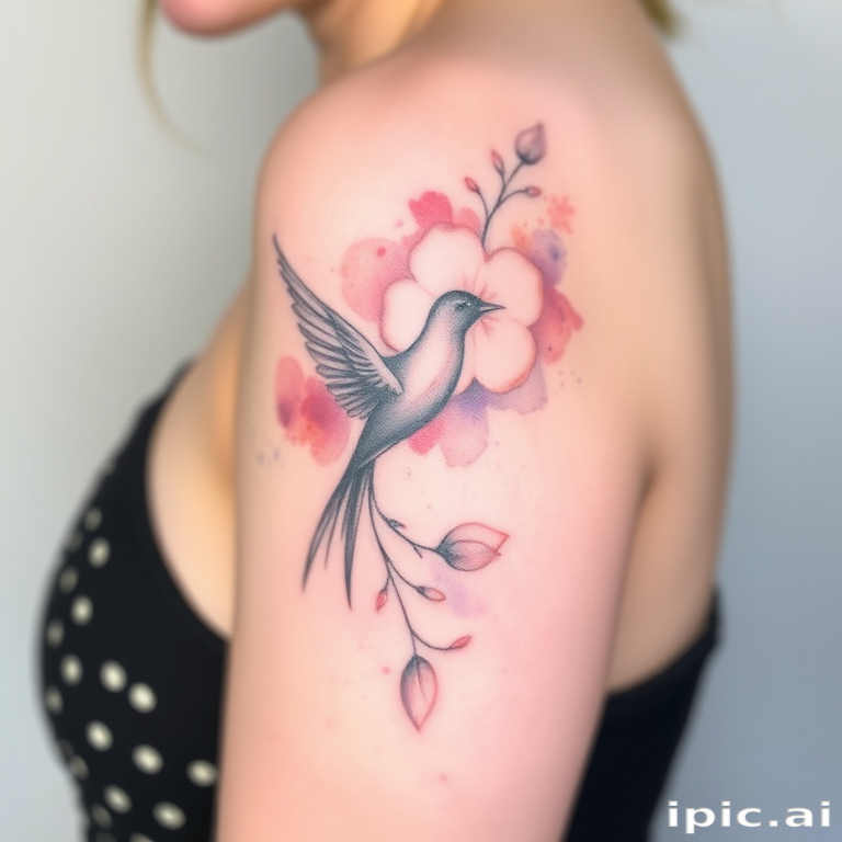 Delicate "Watercolor Whisper" tattoo style characterized by soft, dreamy washes of pastel hues blending seamlessly into one another, creating an ethereal and romantic aesthetic reminiscent of impressionist paintings, with subtle outlines and strategically placed splatters adding depth and texture to the design, evoking a sense of lightness and transience that beautifully complements nature-inspired motifs such as flowers, birds, or landscapes