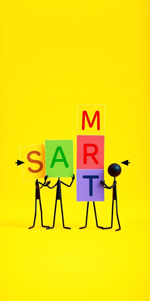Create an image of three-dimensional stick figures holding colorful cards that spell out "SMART" vertically, with arrows pointing to the left and right, in a bright and clean design, shot with a DSLR camera, aperture f/8, ISO 100, 24mm focal length, and a slight depth of field to enhance focus and vibrancy.