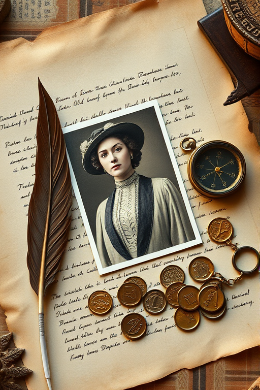 Create a vintage-style flat lay of an old manuscript, a quill, a photo of a lady in Victorian attire, brass coins, and a pocket compass, using a DSLR camera with a 50mm f/1.8 lens, aperture set to f/2.8, ISO 100, and a shallow depth of field to enhance focus on the objects while blurring the background.