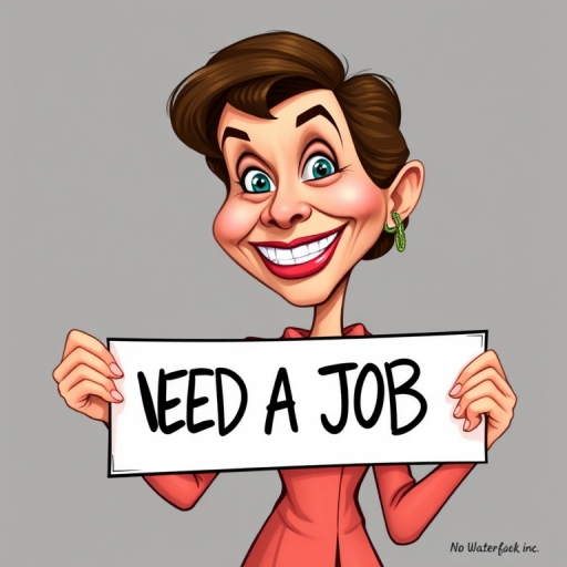 caricature of a smiling Katharine Hepburn in a Salmon dress or suit, holding up a sign that says "NEED A JOB", no watermark,