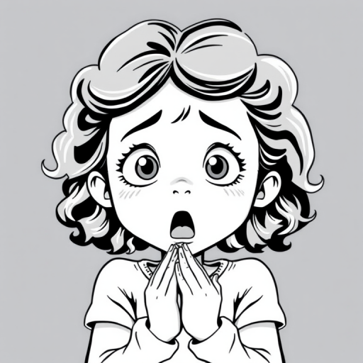 The image is a black and white illustration of a young girl with curly hair. She has a surprised expression on her face with her mouth open and her hands clasped together in front of her chest. Her eyes are wide and her eyebrows are furrowed. Her hair is styled in loose curls that are cascading down her back. The overall mood of the image is one of shock or surprise.