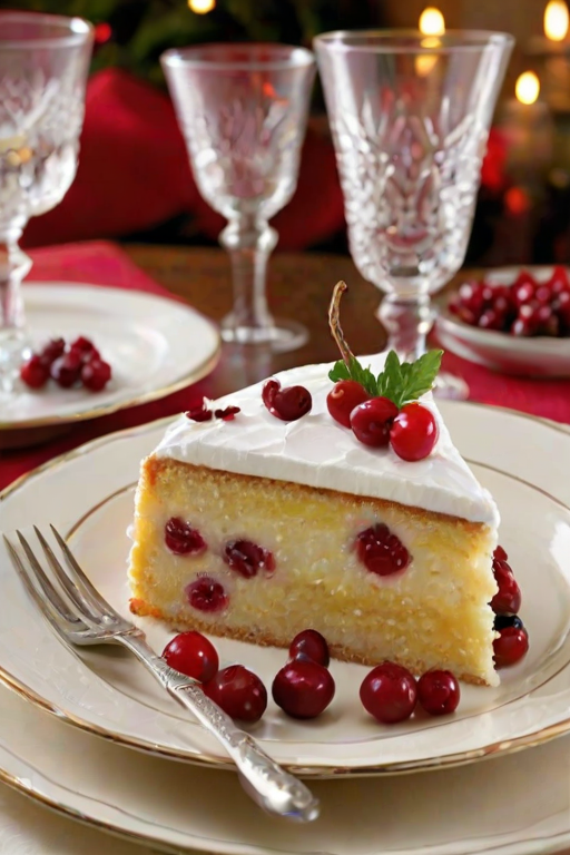 Create an image of a festive dessert displayed on a decorative plate. The dessert should be a traditional holiday cake made with layers of cream and fruit, garnished with fresh cranberries and holly leaves. Surround the dessert with elegant glassware and a cozy table setting. The background should be warm and inviting, evoking a holiday celebration atmosphere.