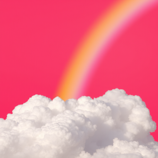 Create a vibrant image of a rainbow arching over fluffy white clouds on a bright red background, using a DSLR camera with an aperture of f/2.8, shutter speed of 1/500s, ISO 100, in a landscape orientation, with a focus on vivid colors and a smooth gradient in the rainbow.