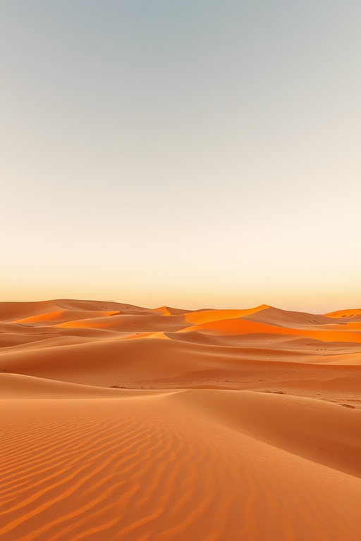 desert landscape with rolling orange sand dunes and a clear sky, golden hour lighting, ISO 100, f/11 aperture, 24mm lens, wide-angle view, DSLR camera