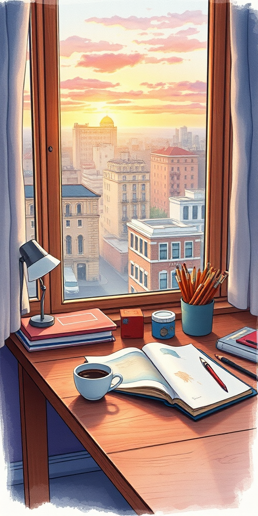 Create an illustration of a cozy study with a large window overlooking a scenic cityscape, featuring a wooden desk adorned with a cup of coffee, an open sketchbook, and art supplies, in soft watercolor style at sunrise with vibrant colors, using a Canon EOS R5 camera, 50mm lens, f/1.8 aperture, ISO 100, and a slight vignette for depth.