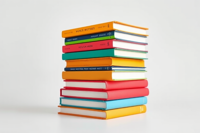 stack of colorful books arranged at an angle on a white background, captured with a Canon EOS 5D Mark IV, 50mm lens, f/2.8 aperture, ISO 100, soft natural lighting, high-resolution photo for enhanced image quality