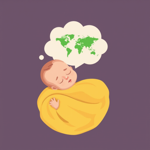 Create a high-resolution vector illustration of a sleeping baby wrapped in a yellow blanket, dreaming of a green world map in a thought bubble, captured in a flat design style with vibrant colors, using an aperture of f/4, shutter speed of 1/125s, ISO 100, and a 50mm lens for clarity and detail.
