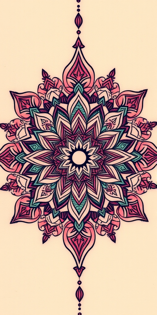 Bohemian mandala tattoo named "Cosmic Harmony" with intricate geometric patterns and ornate details in soft pastel colors radiating outward from a central focal point