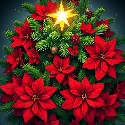 Create a vibrant Christmas tree illustration featuring bright red poinsettias, green pine needles, mistletoe, and a shining star on top, captured with a DSLR camera at f/5.6 aperture, ISO 100, 50mm lens, top-down view to enhance colors and details.