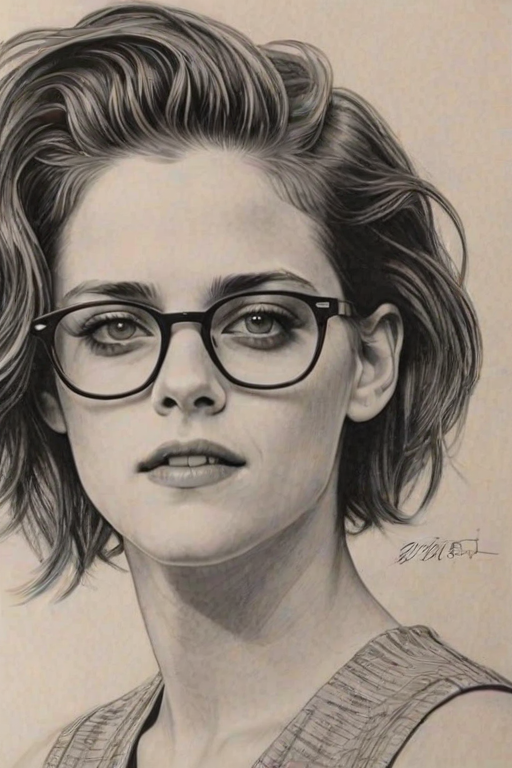 Gorgeous Kristen Stewart, pencil sketch, portrait of Resplendent woman 1937s in glasses, hair style beatnik, outline, clear lines, fine lines, 8k