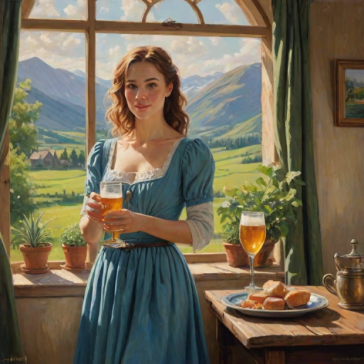 In "A Glass of Beer on the Highland," a serene scene is depicted in a sunlit room where a woman in a vibrant blue dress stands by a large window. She holds a tray with a hearty meal and a frothy glass of beer, embodying a moment of relaxation. Outside, the breathtaking highland landscape features rolling green hills and a charming traditional house, all bathed in warm afternoon light. The interior is adorned with potted plants, creating a harmonious blend of comfort and nature. The painting beautifully captures the tranquility and joy found in simple pleasures amidst stunning scenery
