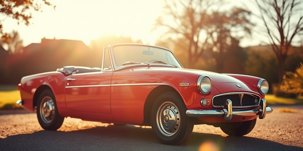 vintage red convertible car parked under sunlight, shallow depth of field, f/2.8, ISO 100, 50mm lens, 1/200 sec shutter speed, warm color tones, natural lighting, outdoor setting