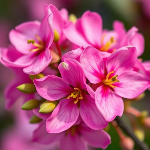 close-up of pink flowers with green buds, soft focus, natural lighting, ISO 100, aperture f/2.8, shutter speed 1/200 sec, macro lens, DSLR camera, shallow depth of field