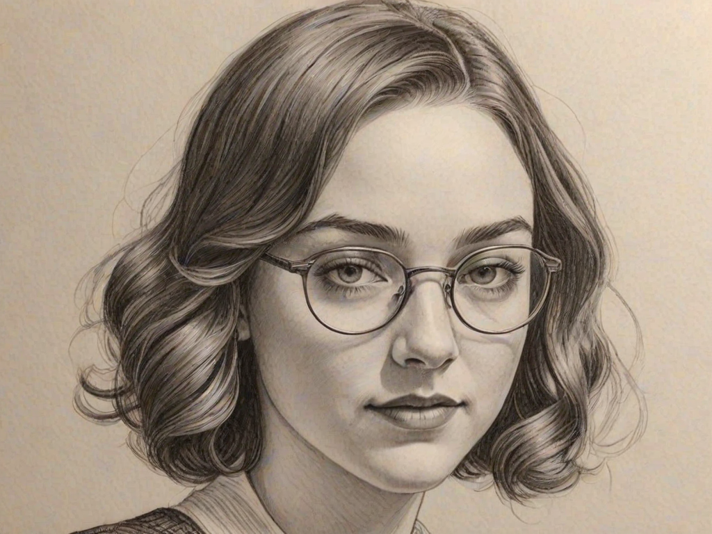 Enticing Violett Beane, pencil sketch, portrait of Fascinating woman 1923s in glasses, hair style beatnik, outline, clear lines, fine lines, 8k
