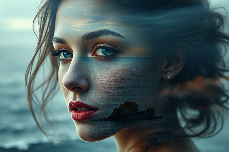 this photo is Book cover, A surreal double exposure portrait that blends a woman's face with a beautiful seascape. The overall mood is dreamy and mystical, with rich colors and intricate details