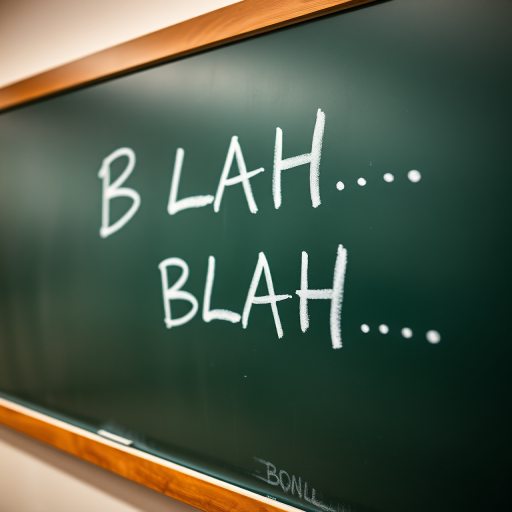 A close-up shot of a chalkboard with white chalk writing "BLAH... BLAH... BLAH..." in a well-lit classroom setting, using a DSLR camera set to f/2.8 aperture, ISO 200, 50mm lens, and taken from a slightly elevated angle for clarity and depth.