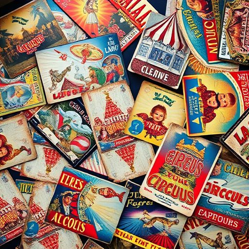 vintage circus and amusement park posters scattered across a flat surface, 50mm lens, f/4 aperture, ISO 200, top-down view, high dynamic range photography, soft diffused lighting