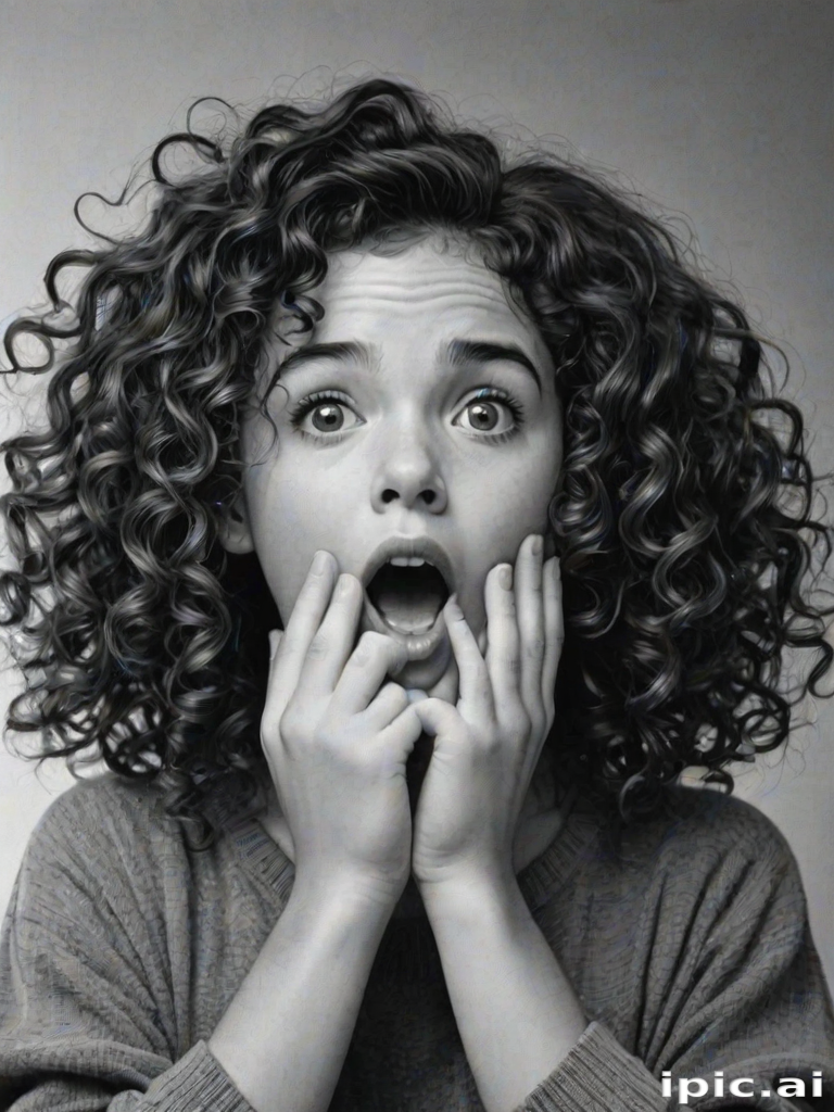 The image is a black and white illustration of a young girl with curly hair. She has a surprised expression on her face with her mouth open and her hands clasped together in front of her chest. Her eyes are wide and her eyebrows are furrowed. Her hair is styled in loose curls that are cascading down her back. The overall mood of the image is one of shock or surprise.