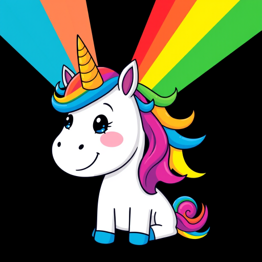 Create a vibrant digital illustration of a cartoon unicorn with a rainbow horn and a cheerful expression, spewing colorful rainbows from its mouth, set against a black background, using a DSLR camera simulated effect with a 50mm lens at f/2.8, vibrant colors, and high saturation for improved image quality.