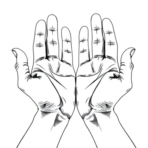 Create a high-resolution line art illustration of two open hands, focus on intricate details and textures, use a Canon EOS R5 camera with a 50mm f/1.2 lens, set aperture to f/8, shutter speed 1/125s, ISO 100, and shoot in natural light for enhanced contrast.
