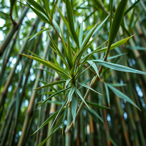 Generate a high-resolution image of a bamboo plant with intricate details, using a 50mm lens, f/2.8 aperture, ISO 100, natural lighting, top-down view, macro photography style, DSLR camera type.