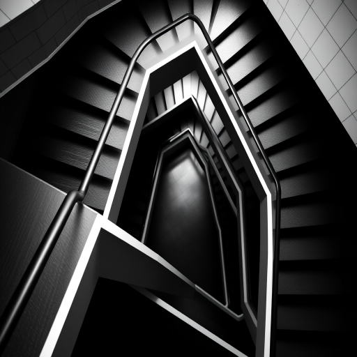 Create an abstract monochrome staircase design with sharp geometric shapes, high contrast, and dynamic movement, captured using a DSLR camera at f/8 aperture, 1/125 sec shutter speed, ISO 200, 50mm lens, top-down view, and minimalistic style.