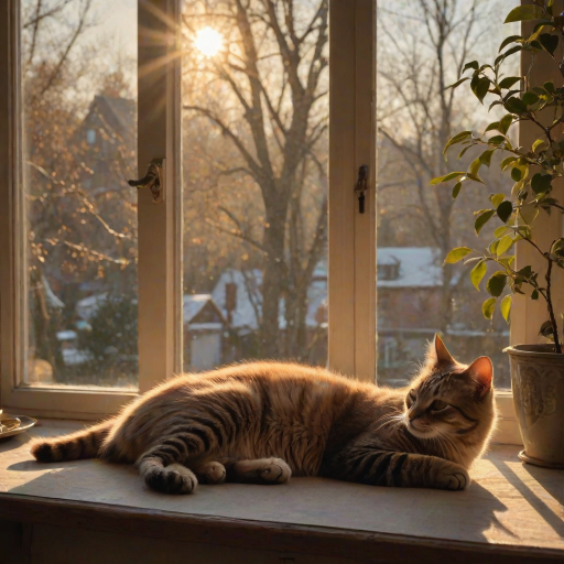Warm, softly lit image of a cat lounging on a windowsill in the late afternoon sun, eyes half-closed, soft shadows of tree branches dancing on the floor, a cup of tea steaming on the table nearby, the distant sound of birds chirping outside the window.