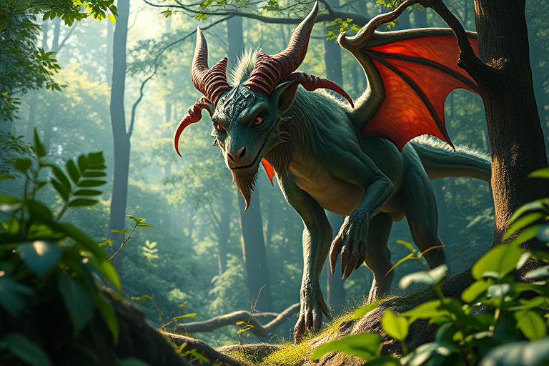 Create a high-resolution digital illustration of a mythical creature in a lush forest setting, captured with a Canon EOS R5 camera, 50mm lens, f/1.8 aperture, ISO 100, and soft natural lighting to enhance detail and vibrancy.