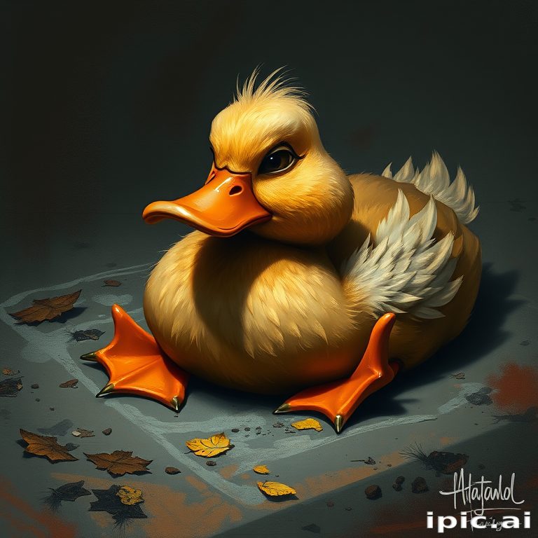 Stunning image of a cute adorable tired looking wacky duck laying flat on the ground, no emotions, moody, grainy, noisy, concept art, by Alberto Seveso, Cyril Rolando, Dan Mumford, Meaningful Visual Art, Detailed Painting, Digital Illustration,