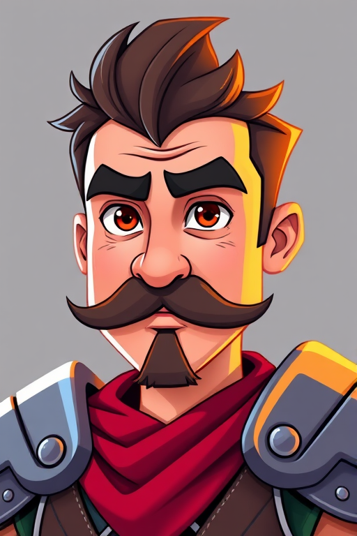 create a cartoon character portrait of a man with a mustache and armor in a colorful style, using a DSLR camera with a 50mm lens, f/1.8 aperture, 1/200s shutter speed, 100 ISO, in a well-lit studio setting for enhanced image quality
